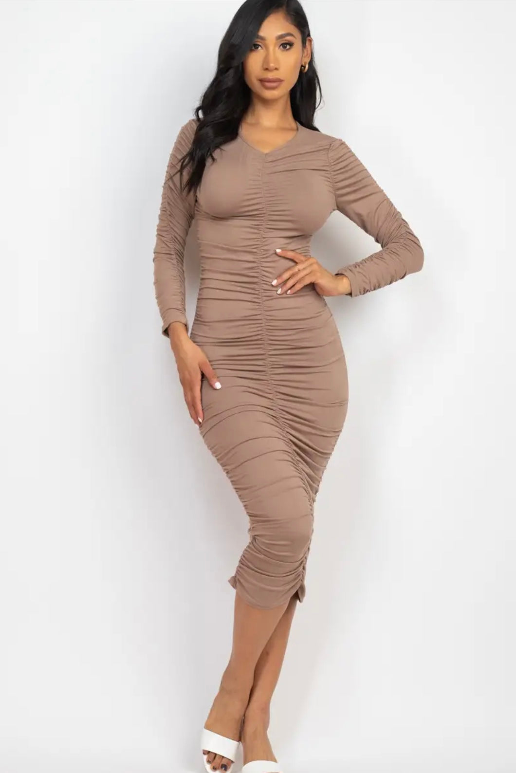 “Hug Me” Ruched Long Sleeve Mid Length Dress