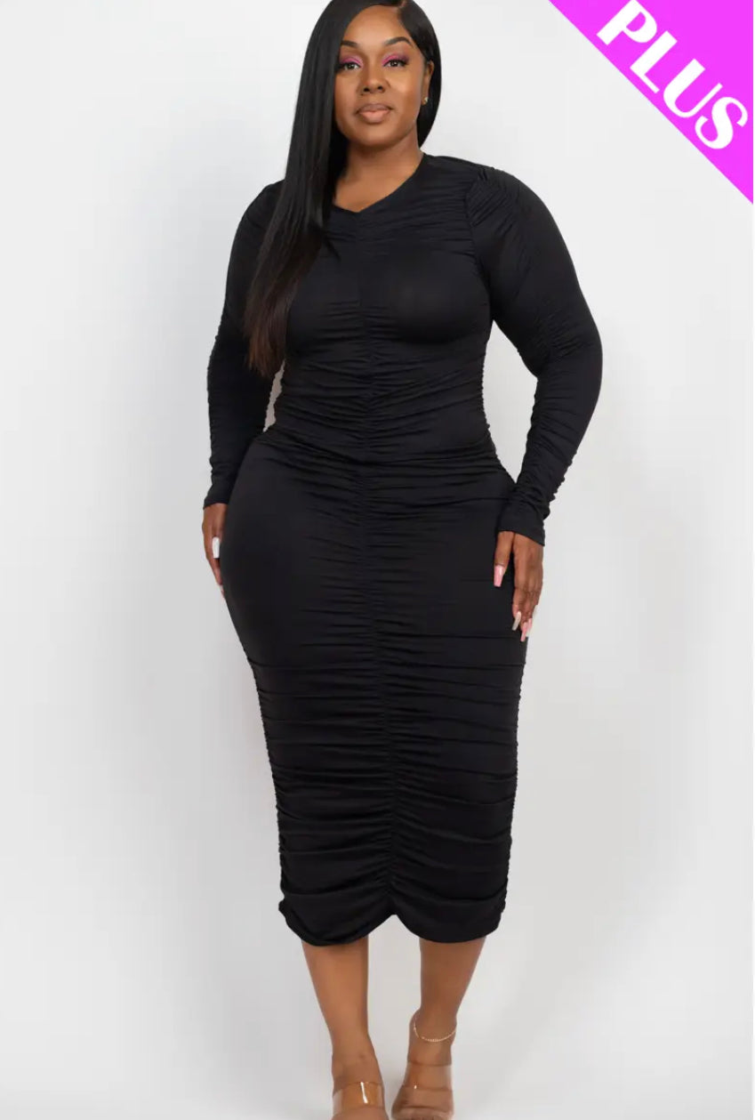 “Hug Me” Ruched Long Sleeve Mid Length Dress